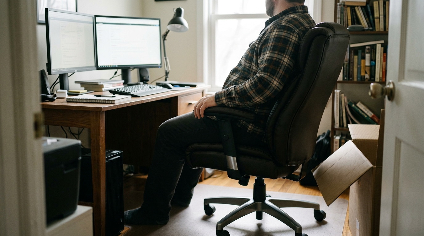 Illustration of a person settling into a black mesh chair on a wood floor